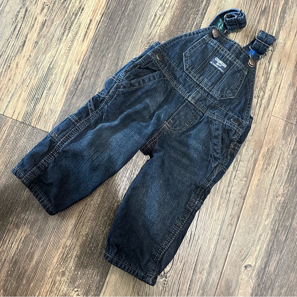 OshKosh denim Jean overalls red plaid flannel lined baby boy 6 mo